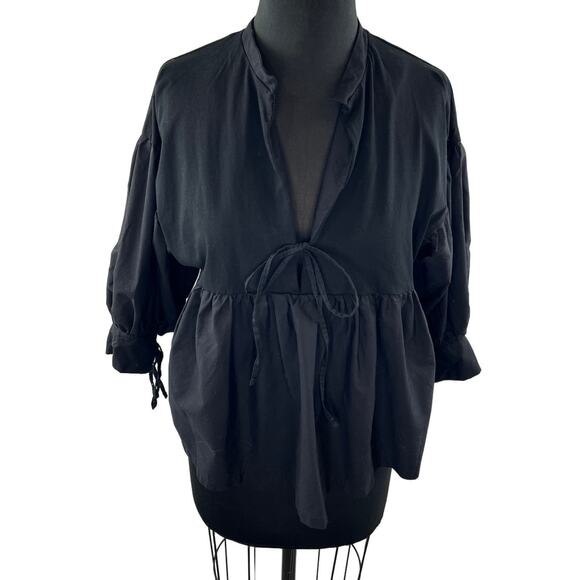 ZARA Black S Poplin Blouse Drawstring Rib V-Neck Ruffle Sleeves Pullover Regular - Picture 2 of 10